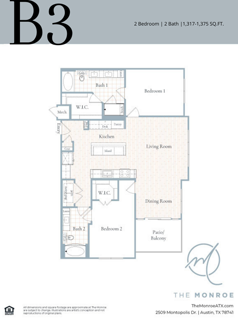 Floor plan for 2 beds, 2 baths, 1317 sqft